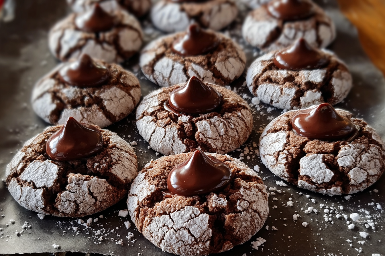 Chocolate Crinkle Cookies with a chocolate kiss on top