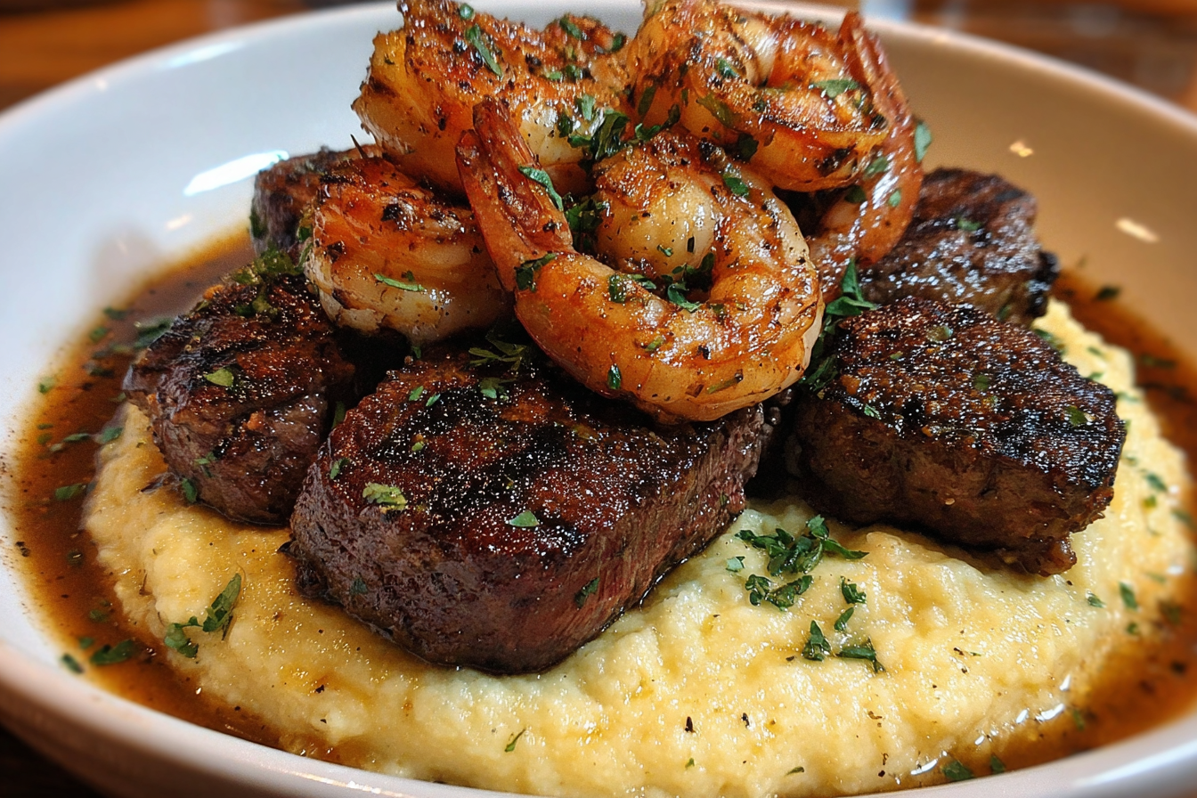 Blackened Steak and Shrimp with Creamy Grits