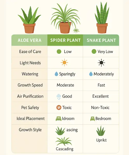 Aloe Vera vs Spider Plant vs Snake Plant
